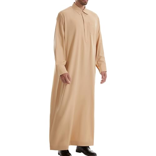 Mens Thobe Solid Color Long Sleeve Relaxed Fit Thobes Casual Robe Lightweight Kaftan Breathable Thobes Soft Kaftan - color: 01#_khaki, size: X-Large