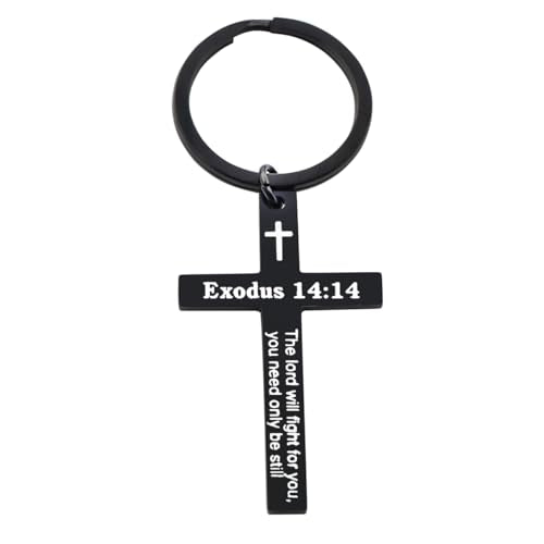 Bible Verse Cross Keychain Strength Bible Verse Stainless Steel Key Ring Christian Gift for Women Men - color: Exodus 14:14 Black