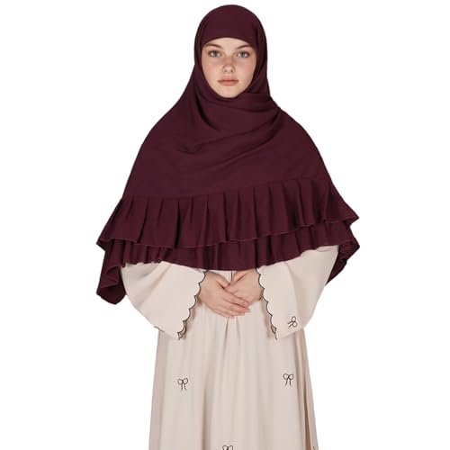 Prayer Hijab for Women Muslim Cotton Blend Lightweight Ruffled Square Scarf - color: Wine Red
