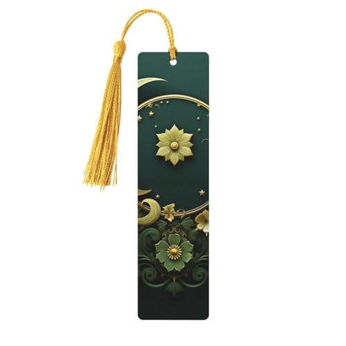 Wooden Bookmarks for Women Men Vintage Wood Bookmark with Tassels Fancy Craft Book Mark Ramadan on Green Wallpaper Cute Wood Hanging Tags Ornaments for Book Lovers Birthday Teachers Gift - color: Gold