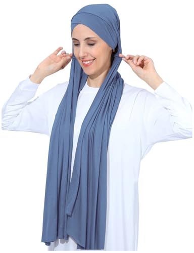 Instant Jersey Cotton Hijab Scarf for Women, Non-See Through Tieback Muslim Head Scarf - color: Jean Blue