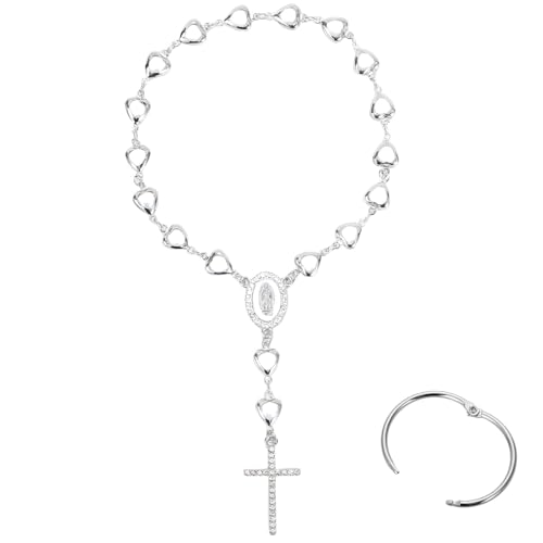 Car Rosary for Rearview Mirror, Evil Eye Auto Rosary Beads, Car Medal and Hanging Accessories for Interior Decors for Women Men (heart-silver) - color: Silver