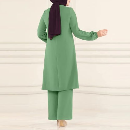 Abayas Dress For Women Muslim Long Sleeve Loose Top Pants 2 Pcs Dubai Islamic Muslim Women Matching Sets - color: Green B, size: Small