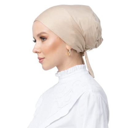 Women’s Cotton Bonnet with Silky Satin Lining for Hair Protection | Elegant Hijab Undercap, Sleep Cap, Breathable Underscarf with Tie-Back for Fashionable Modest Wearers (Nude)