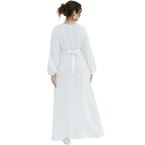 Muslim Women Abaya Dress Breathable Front Zipper&Pockets&Belt Prayer Robe - color: White, size: Large