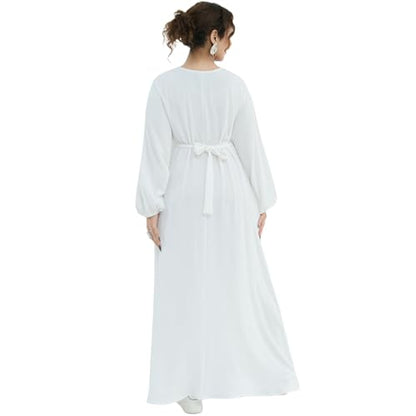Muslim Women Abaya Dress Breathable Front Zipper&Pockets&Belt Prayer Robe - color: White, size: Small