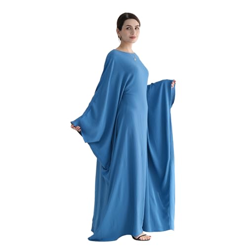Abaya Muslim Women Dress Batwing Sleeve Loose Maxi Modest Islamic Clothes Prayer Dress with Hijab Scarf - color: Blue