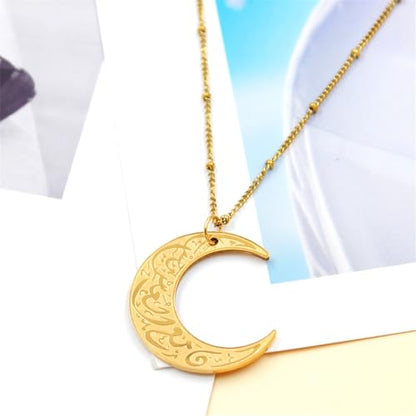 Stainless Steel Arabic Moon Pendant Necklace - Islamic Allah Symbol Jewelry for Men and Women - Religious Amulet Talisman Gift YA4979 - color: gold moon pendant necklace