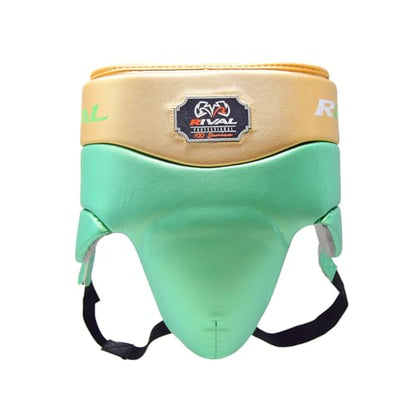 RIVAL Boxing RNFL100 Professional No-Foul Groin Protector with Laces, Dual Waist Straps, Ultra-Lightweight Construction, and Super-Rich Microfibre PU - color: Green/Gold, size: X-Large