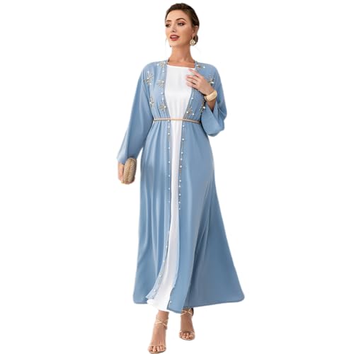 Muslim Abaya Long Sleeve Open Front Rhinestones Kaftan Cardigan Maxi Dress for Women with Belt - color: Modi Blue Cardigan, size: Medium