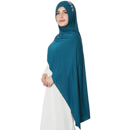 khalat Instant Hijab 여성용 무슬림 샤이니 라인스톤 데일리 스카프 부드럽고 신축성 있는 단색 이슬람 기도 히잡 - color: 블루.