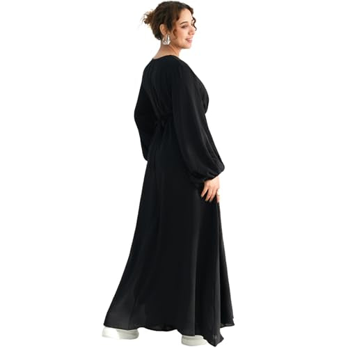 Muslim Women Abaya Dress Breathable Front Zipper&Pockets&Belt Prayer Robe - color: Black, size: Large