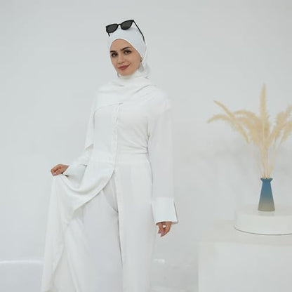 IDOPIP Muslim Women 2-Piece Set Long Sleeve Ramadan Islamic Abaya Dress Shirt with Pants Loose Fit Casual Dubai Prayer Outfit - color: White, size: X-Large-XX-Large