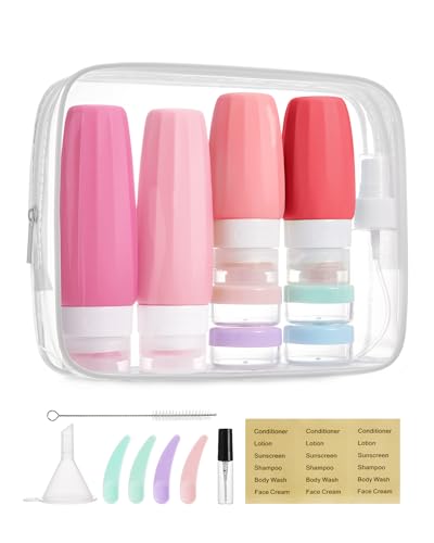 BAGSMART 18 Pack TSA Approved Travel Bottles for Toiletries, Leak Proof Silicone Travel Size Containers Bottles for Shampoo, Rose Pink - color: Rose Pink-3, style: 18 Pack Travel Bottle Set