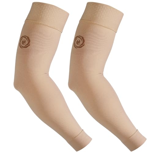 NURCOM Compression Arm Sleeve, 20-30 mmHg, With Silicone, Beige M - color: Beige(with Silicone Top Band), size: Medium(2 Pack)