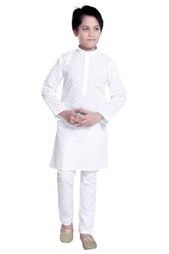 Kids ethnic wear cotton kurta pajama set for boys - color: White Chikan, size: 6-12 Months