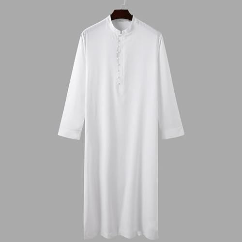 Men’s Muslim Islamic Thobe Robe Kaftan Long Sleeve Jubba Arabic Dubai Ethnic Prayer Gown with Pocket A19 - color: White, size: X-Large
