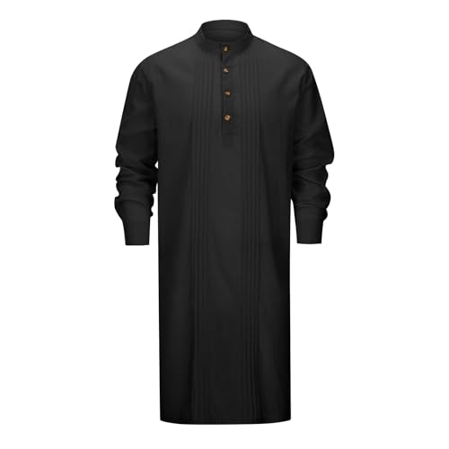 Men’s Thobe Muslim Islamic Robe Kaftan Long Sleeve Arabic Jubba Side Split Henley Neck Cotton Dress A17 - color: Black, size: Large