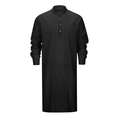 Men’s Thobe Muslim Islamic Robe Kaftan Long Sleeve Arabic Jubba Side Split Henley Neck Cotton Dress A17 - color: Black, size: Medium