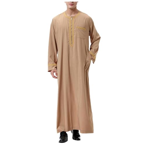 Jubba for Men Embroidered Stand Collar Long Sleeve Muslim Thobe with Pockets Loose Breathable Lightweight Tunic Gown - color: 03#_khaki, size: Small