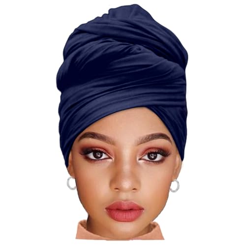 ZRQ 1 Pieces Navy Blue Stretch Hijab Extra Long Solid Color African Shawl Hair Scarfs Jersey Turban Fashion Head Scarf Soft Head Wraps for Black Women - color: Navy Blue