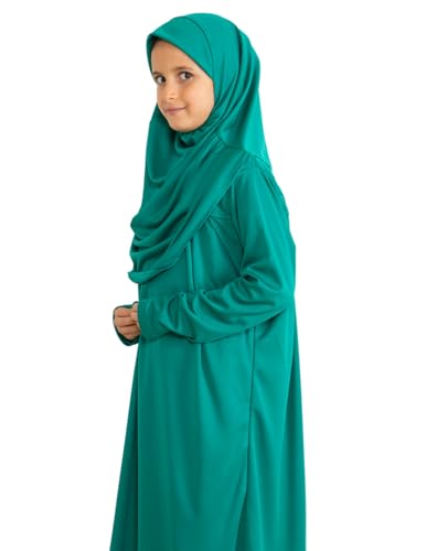 Prien Kids Prayer Dress Muslim Clothes for Girls Long Sleeve Abaya with Hijab Two Piece Maxi Islamic Set Scarf Kaftan Jilbab - color: Green