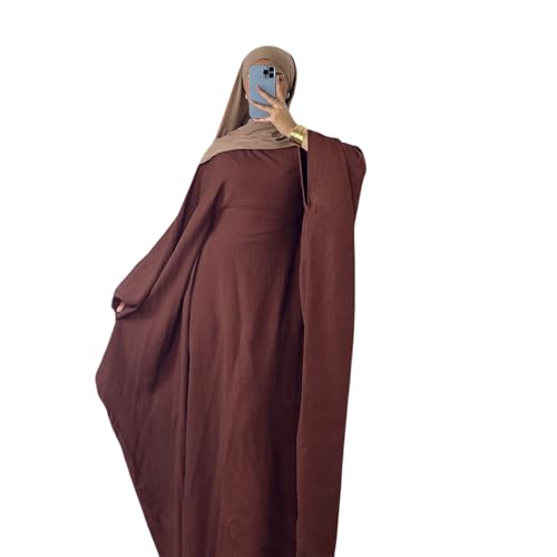 Abaya Dress for Women Soft Crepe Like Linen Khimar Butterfly Batwing Dubai Islam Muslim Kaftan Modest Prayer Dress - color: Coffee, size: Medium