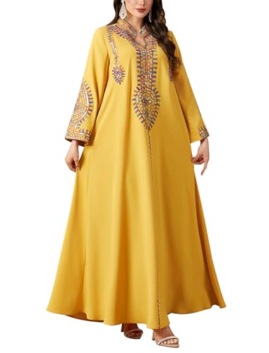 ABEWIP Muslim Dresses for Women Ramadan Kimono Long Sleeve Embroidered Islamic Prayer Dress Turkey Dubai Eid Abaya Kaftan - color: Yellow, size: Large