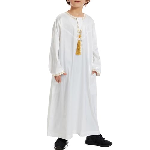 Boys Muslim Clothing Kids Prayer Outfits Long Sleeve Eid Dresses Embroidered Thobe Solid Color Crewneck Arabic Abaya - color: White, size: 3-4T
