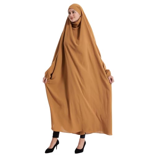 Lmdudan Muslim Women Islamic Full Cover Prayer Dress Long Sleeve Loose Abaya Hijab Outfit 2026 Ramadan Modest Prayer Clothes - color: Khaki, size: Medium