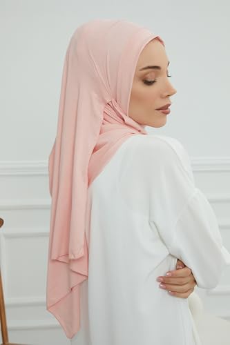 Aisha's Design Jersey Shawl for Women Instant 95% Cotton Modesty Turban Cap Hat Head Wrap Cotton Scarf - color: Powder