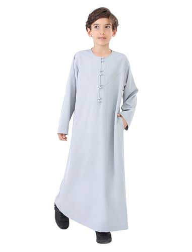 OBEEII Boy's Muslim Thobe Arab Long Sleeve Abaya Kaftan Robe Eid Ramadan Islamic Middle East Dubai Prayer Dress with Pockets - color: Gray, size: 5-6 Years