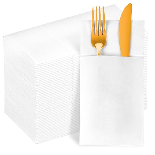 KAMMAK White Dinner Napkins Disposable Cloth Like Paper Napkins Folded with Pocket 100 Pack Guest Hand Towels for Party Decoration, Wedding Reception, Bathroom, Kitchen (16.5 x 16.5 inch) - color: White