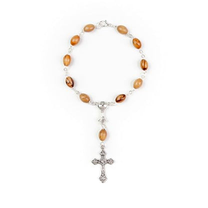Car Rosary From The Holy Land of Bethlehem - 7" First Communion With Crucifix & Chalice Dangle, Olive Wood Catholic Pocket With Wooden Beads & Lobster Clasp - color: First Communion