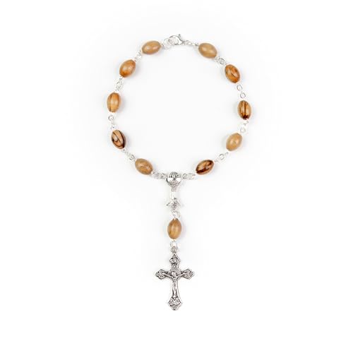 Car Rosary From The Holy Land of Bethlehem - 7" First Communion With Crucifix & Chalice Dangle, Olive Wood Catholic Pocket With Wooden Beads & Lobster Clasp - color: First Communion