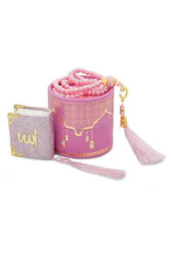 ihvan online Mini Quran & Tesbih Gift Set with Cylinder Box – 99 Pearl Muslim Prayer Beads, Misbaha Tasbeeh Sibha Mala – Islamic Ramadan, Eid & Mawlid Gift for Men & Women, Pink - color: Pink