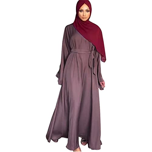 Casual Maxi Dresses for Women Long Sleeve Spring Pleated Flowy A Line Prayer Dress Muslim Dresses with Belt - color: Purple, size: Small