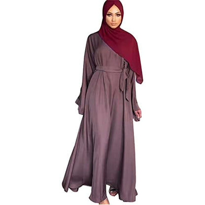 Casual Maxi Dresses for Women Long Sleeve Spring Pleated Flowy A Line Prayer Dress Muslim Dresses with Belt - color: Purple, size: Medium