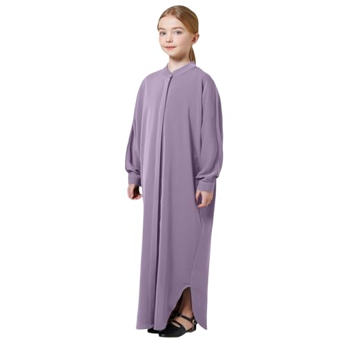 ODIZLI Girls Ramadan Abaya Muslim Batwing Sleeve Long Shirt Prayer Dress Kaftan Dubai Islamic Loose Maxi Dress - color: Light Purple, size: 11-12 Years