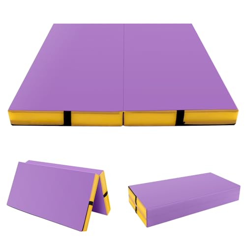 Giantex 4" Thick Folding Gymnastics Mat, 4' x 4' Bio-Folding Exercise Mat with Carry Handles & PU Leather Cover, Gym Home Tumbling Mat for Kids, Yoga, Fitness, Pilates & Martial Arts - color: Purple