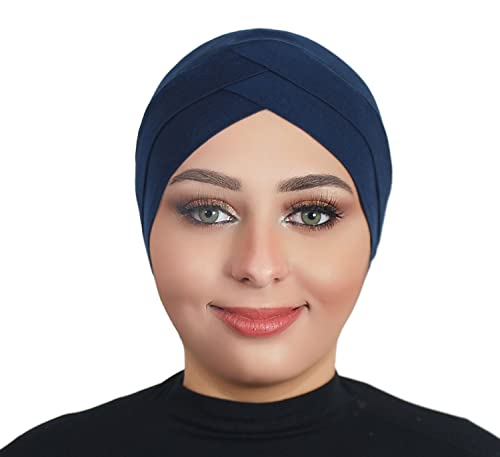Solid Color Full Cover Inner Hijab Caps Muslim Forehead Cross Turban Stretch Hijab for Women Head Scarf Under Hijab - color: Navy Blue