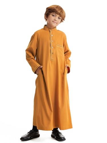 Qianliniuinc Boy's Islamic Dress Round Collar - Youth Long Sleeve Muslim Thobe Arabic Robe Embroidery Clothes with Pockets - color: Camel a, size: 7
