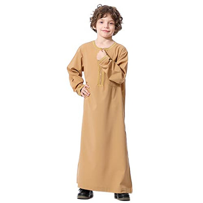 OBEEII Boy's Muslim Arab Solid Color Thobe Long Sleeve Kaftan Embroidered Robe Islamic Arabic Abaya Thobe - color: Brown, size: 4-5T