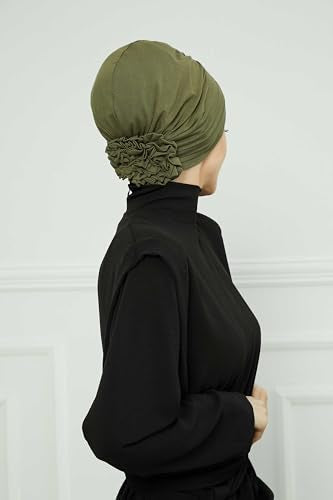 Aisha's Design Instant Turban Head Wraps for Women, Combed Cotton Scarf Lightweight Pre tied Hijab with Back Rose Detail - color: Army Green