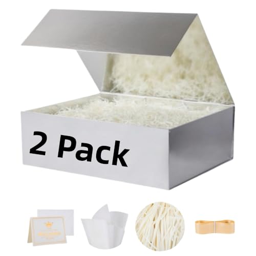 UoeRing 2 Pcs Silvery Gift Box Large 11.5x8x4 Inch with Magnetic Lid | Collapsible Luxury Present Box,for Birthday,Christmas Holiday Gift Includes Card,Ribbon,Tissue Paper & Shredded Filler - color: 13.5x11.8x4.7 Inch-SilveryPack of 2