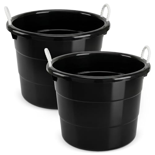 HOMZ 2-Pack Utility Tub, Large Plastic Storage Bucket with Rope Handles, 18 Gallon, Black - Portable Indoor and Outdoor Buckets for Kitchen, Laundry, Garden, Bathroom, and Garage Organization - color: Black