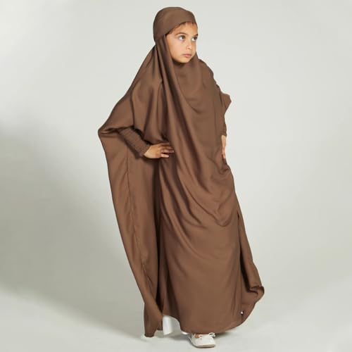 ODIZLI Muslim One Piece Prayer Hijab Dress Women Hooded Abaya Full Cover Islam Dubai Modest Robe - color: Coffee Kids, size: 6-7 Years
