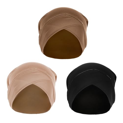 PURFUN 3 Pcs Muslim Inner Hijab Caps Women Solid Color Under Hijab Caps Stretchy Breathable Full Cover Undercap Tube Bonnet - color: Black+khaki+beige