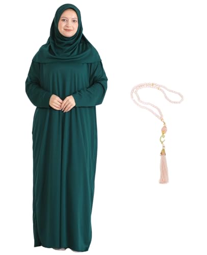 Women Prayer Clothes with Hijab Muslim Outfits Long Robe Abaya Turkish Islamic Dresses Dubai Kaftan with Rosary - color: Emerald