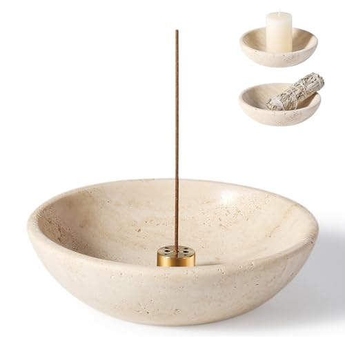 Koville Natural Travertine Incense Holder, Incense Holder for Sticks with 9 Holes, Handmade Incense Burner Ash Catcher for Meditation Yoga SPA, Balsam Fir/Palo Santo/Sage/Cone Incense Holder(Beige) - color: D=150-travertine